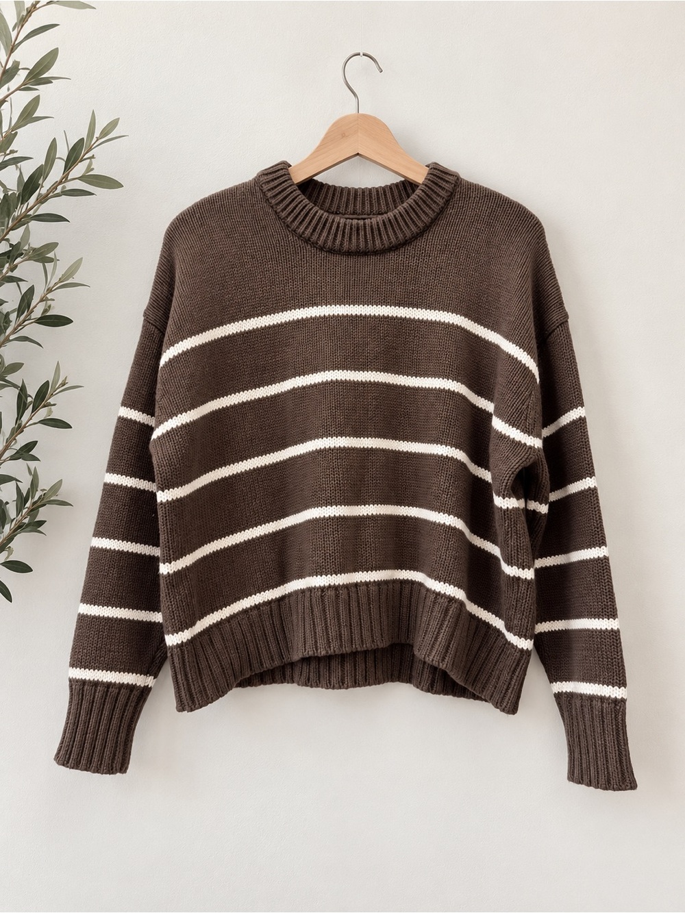 Quince 100% Organic Cotton Striped Crew Sweater Heather Brown/Ivory S